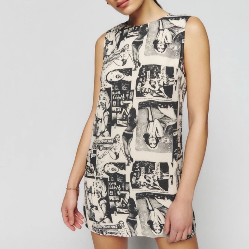 Reformation Black and Cream Graphic Shift Dress